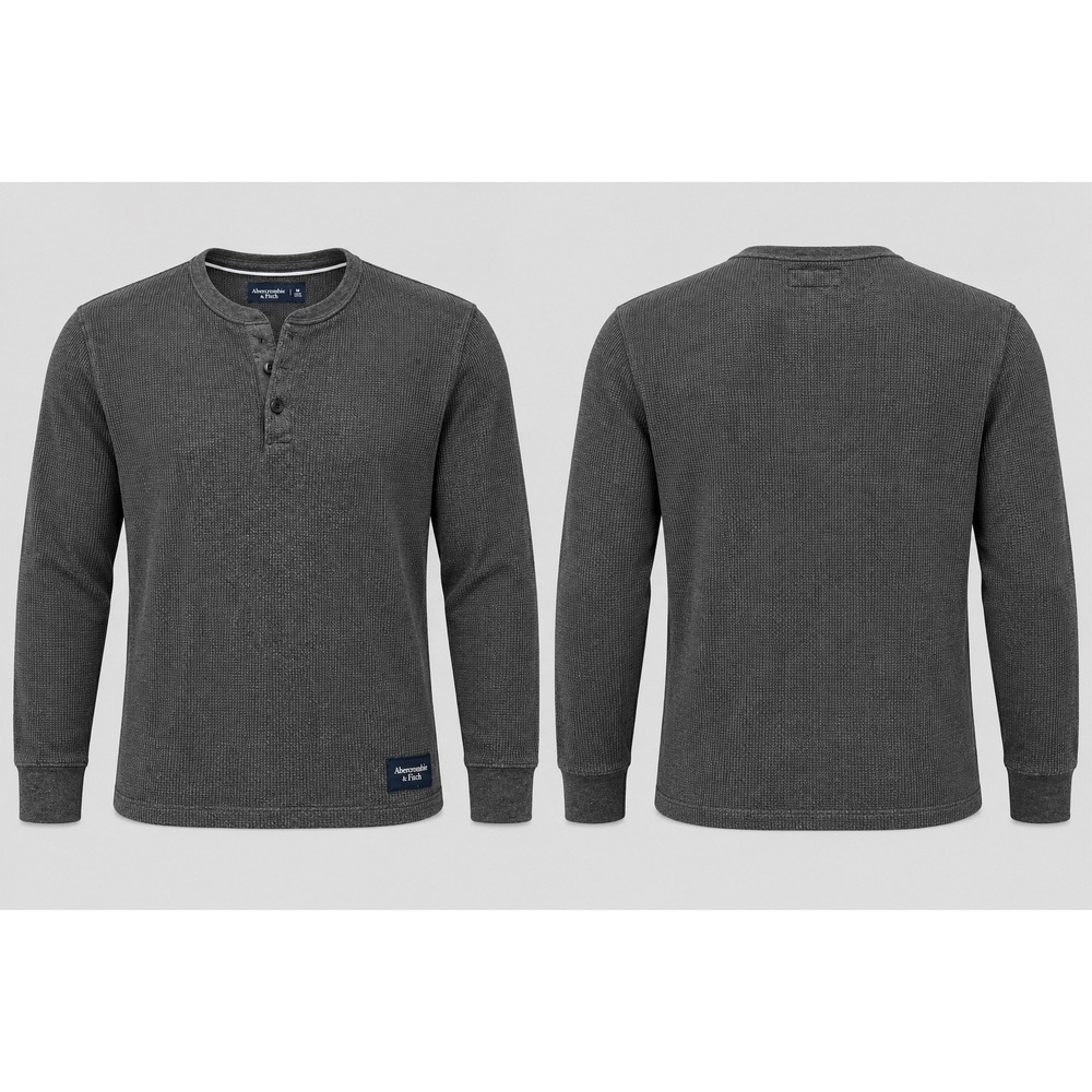 Abercrombie & Fitch Henley Mens M Gray Waffle Knit Thermal Long Sleeve Shirt